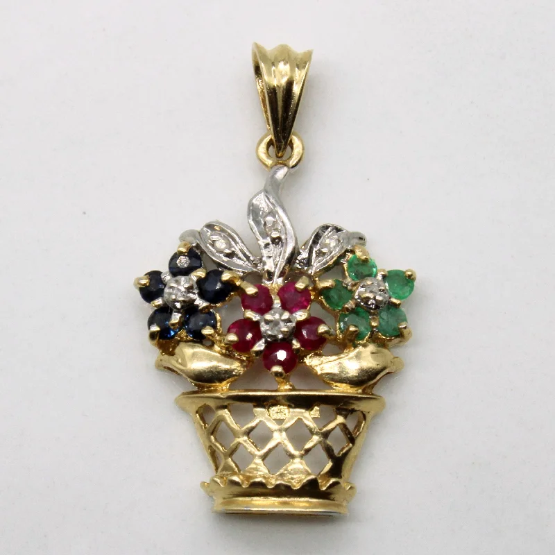 classic gold cuff bracelet Multi Gem Flower Basket Pendant | 0.30ctw |
