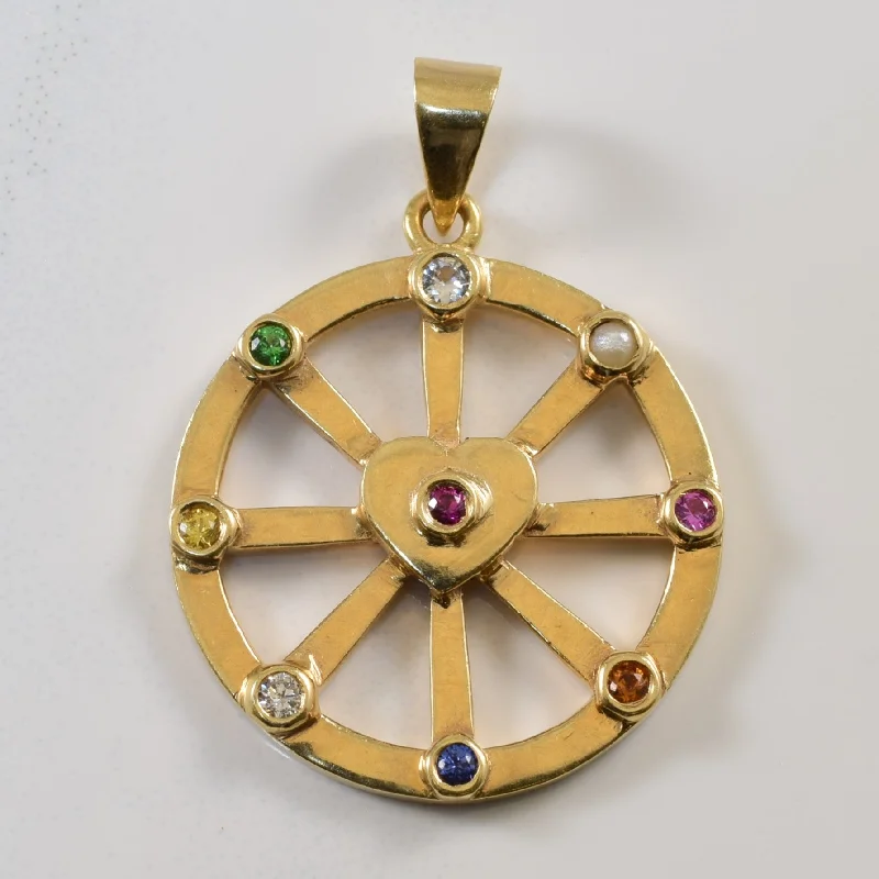 custom engraved wedding band Diamond and Multi Gemstone Wheel with Heart 14k Pendant | 0.1 ctw |