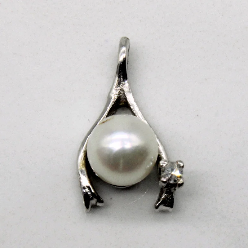 sterling silver herringbone chain Pearl & Diamond Wishbone Pendant | 0.03ct |