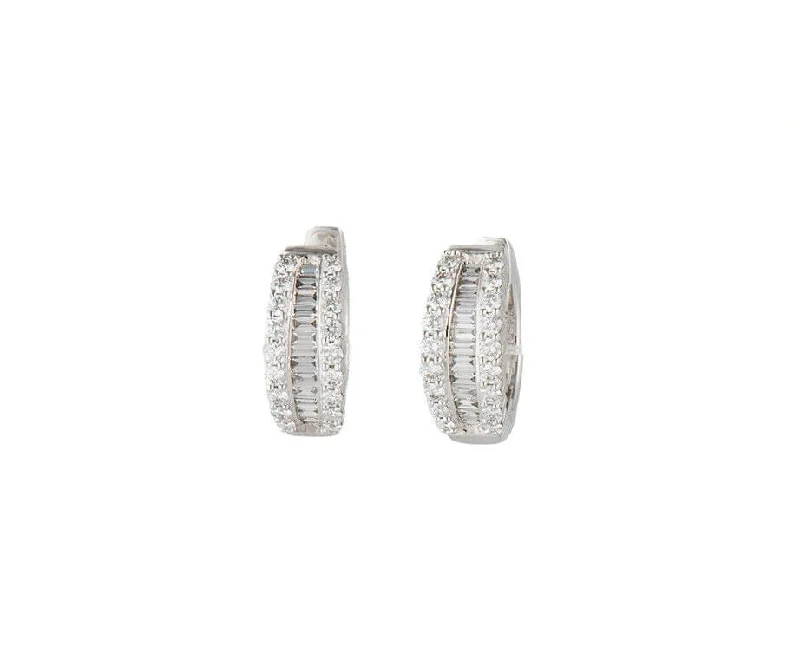 1.35ctw Baguette and Round Diamond Frame Huggie Hoop Earrings in 14K