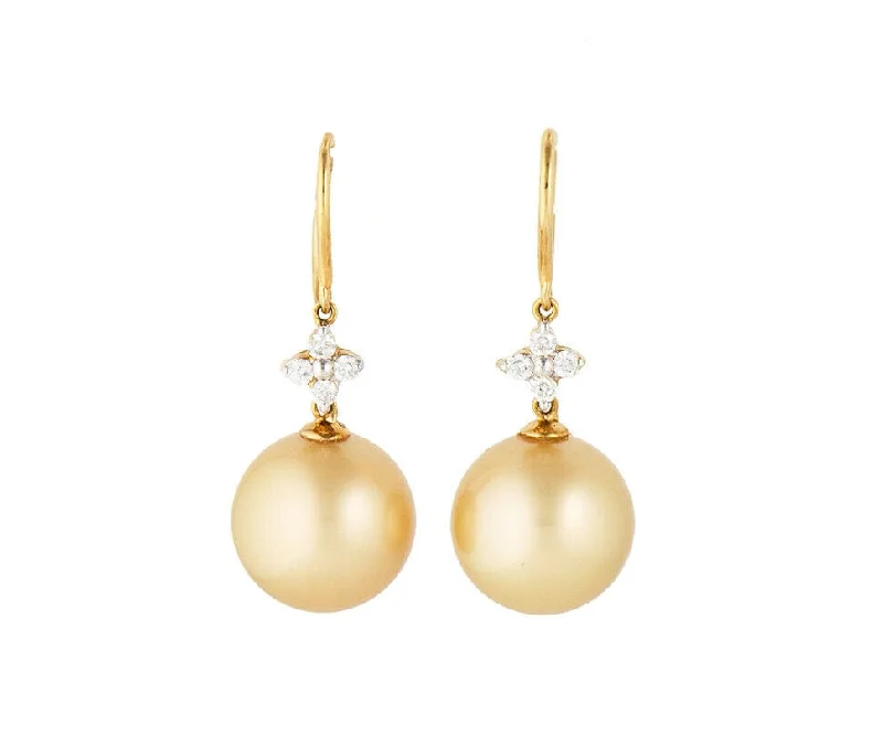 12.0MM Golden South Sea Pearl and 0.19ctw Diamond Drop Earrings in 18K