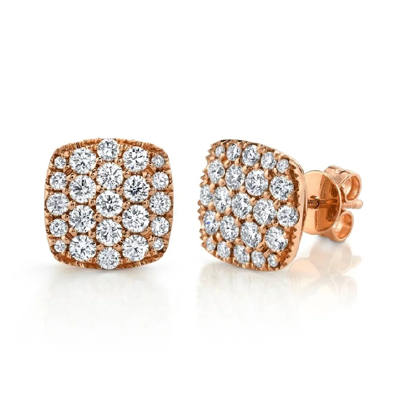 14KT GOLD 1.10 CTW DIAMOND PAVE CUSHION STUD EARRINGS