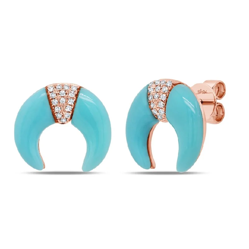 14KT GOLD 1.89 CT TURQUOISE & .06 CTW DIAMOND CRESENT EARRINGS