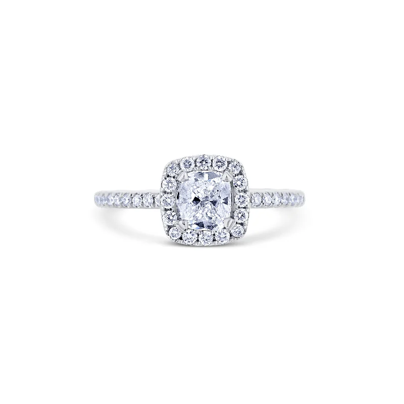 18K White Gold With A 0.74 Carat Cushion With Halo Diamond Ring