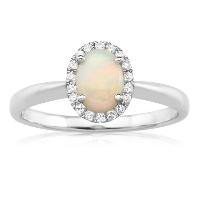 raw amethyst ring silver 9ct 0.45ct Natural White Opal and Diamond Halo Ring