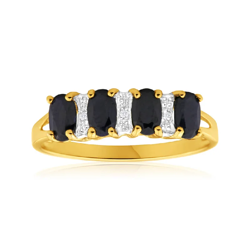 gold wedding band for men 9ct Radiant Yellow Gold Natural Sapphire x4 and Diamond x3 Ring