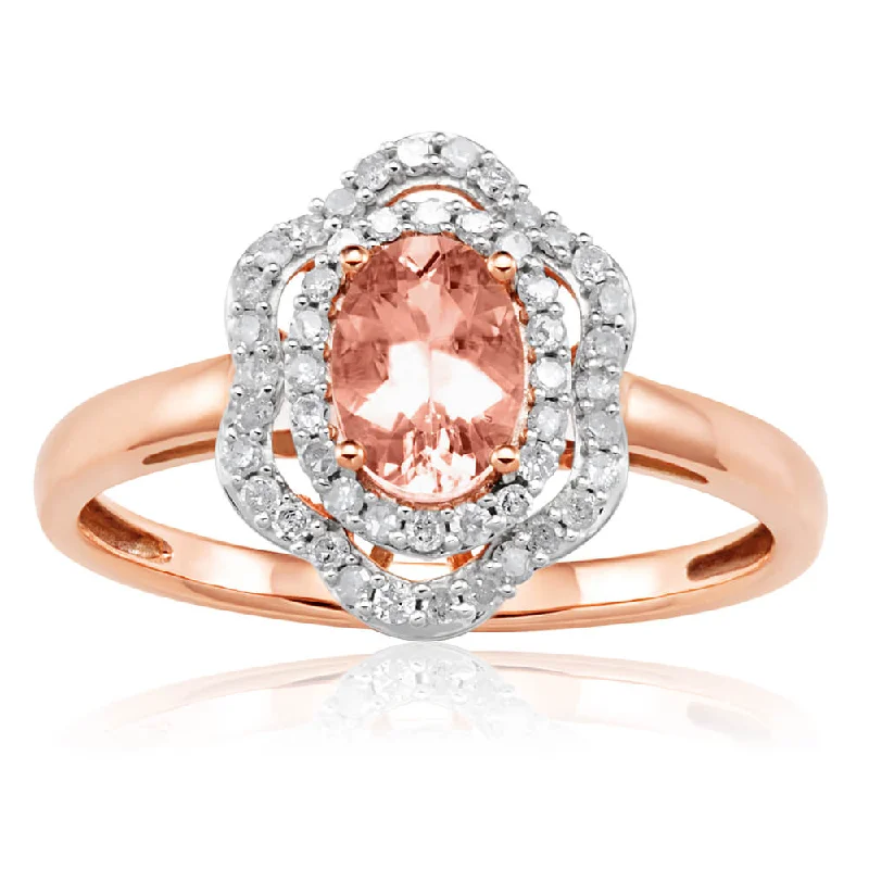 personalized gemstone pendant necklace 9ct Rose Gold Morganite 7x5mm 0.65 Carats and Diamonds 0.25 Carats Floral Halo Ring