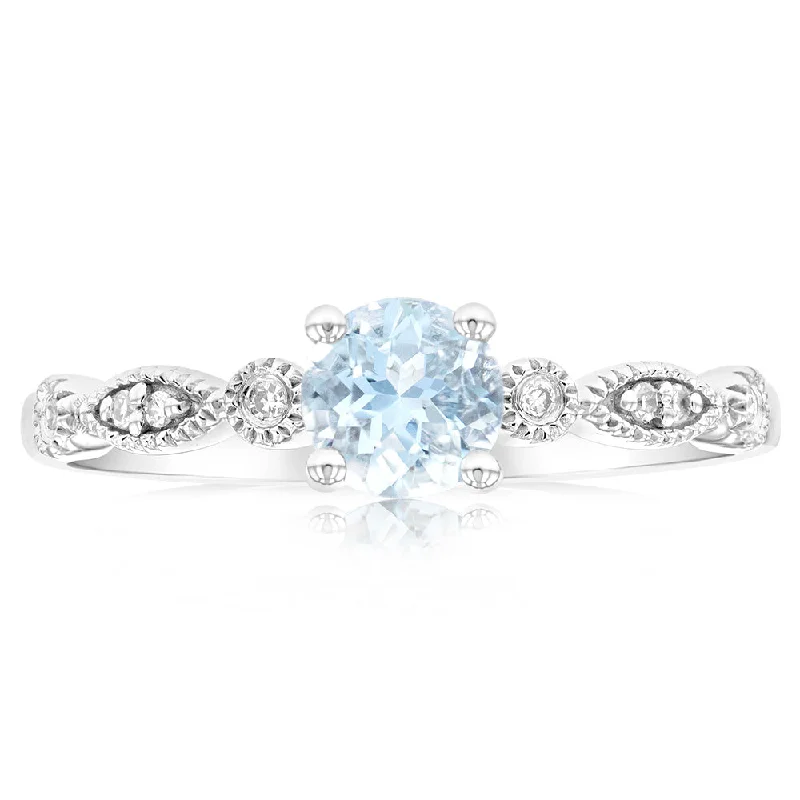 birthstone necklace for mom 9ct White Gold 5mm Round Cut 0.45ct Aquamarine and Diamond Ring
