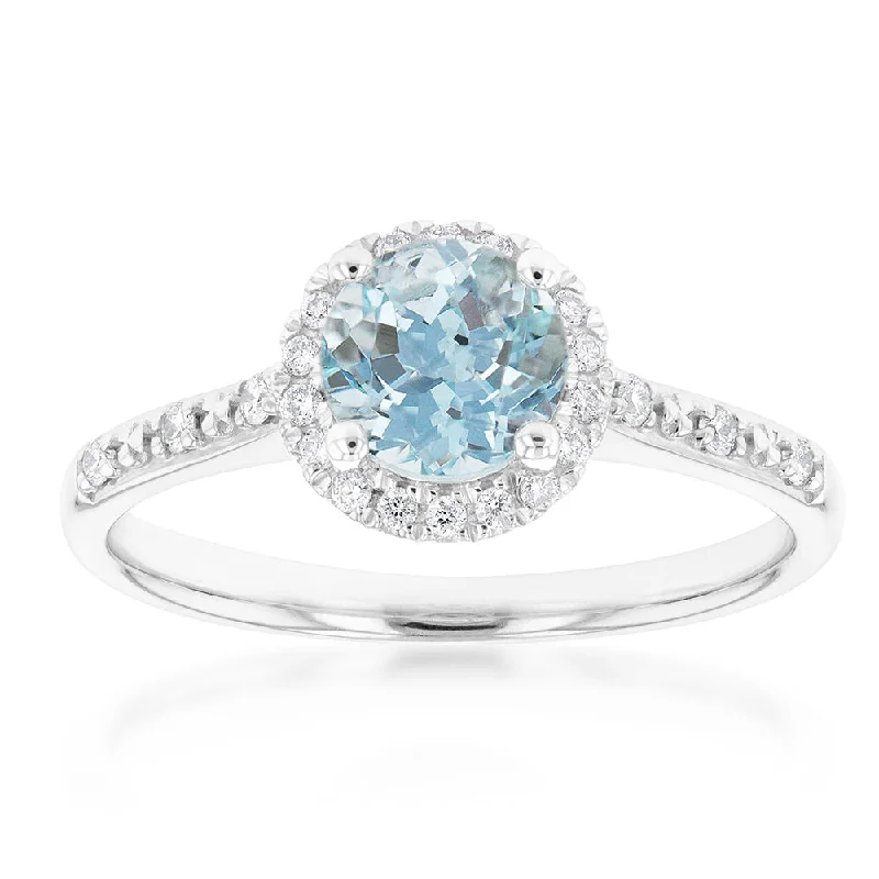 sapphire halo engagement ring 9ct White Gold 6mm Aquamarine and Diamond Halo Ring