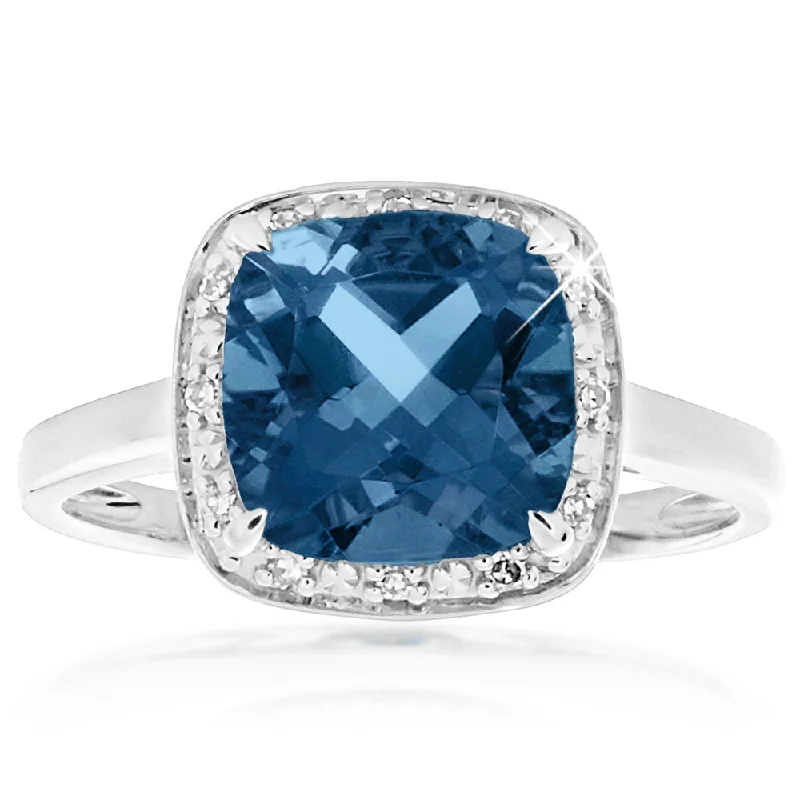 sapphire engagement ring halo 9ct White Gold 8mm 2.70ct London Blue Topaz and Diamond Ring