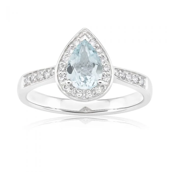 opal gemstone halo ring 9ct White Gold Pear Cut Aquamarine + Diamond Ring