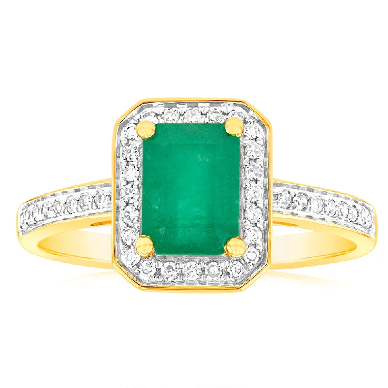 moissanite engagement ring affordable 9ct Yellow Gold 1.00 Carat Natural Emerald and 0.15ct Diamond Ring