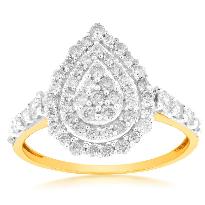 pearl stud earrings classic 9ct Yellow Gold 1 Carat Diamond Pear Shape Cluster Ring