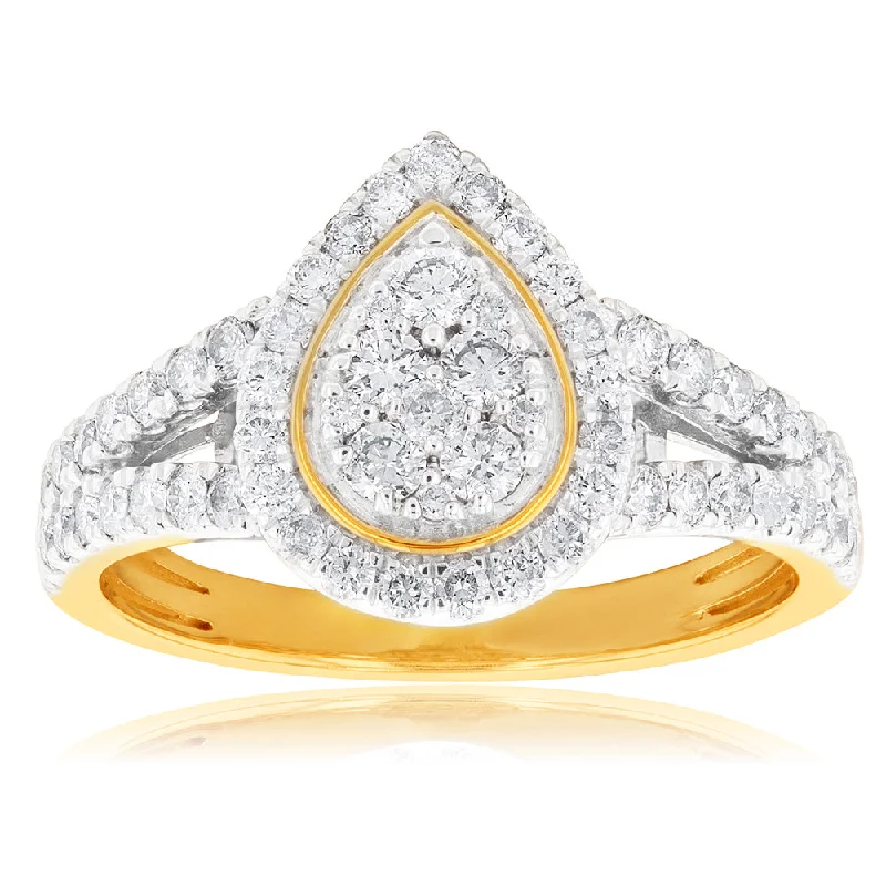 handcrafted gemstone drop earrings 9ct Yellow Gold 1 Carat Diamond Pear Shape Cluster Split Shank Ring