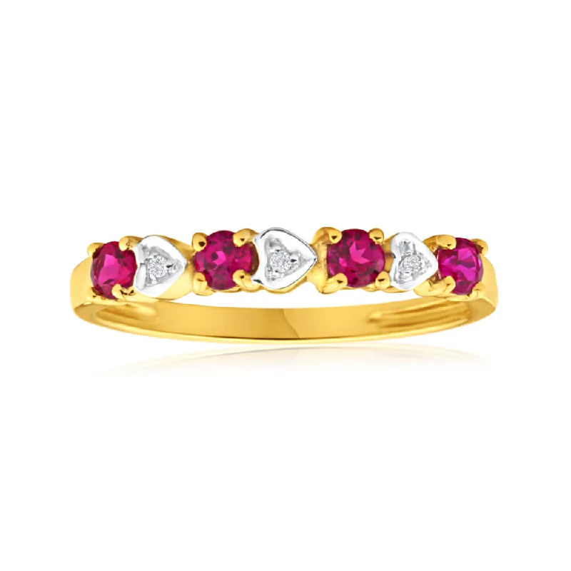 custom name necklace gold 9ct Yellow Gold 4 Created Ruby + 3 Diamond Ring