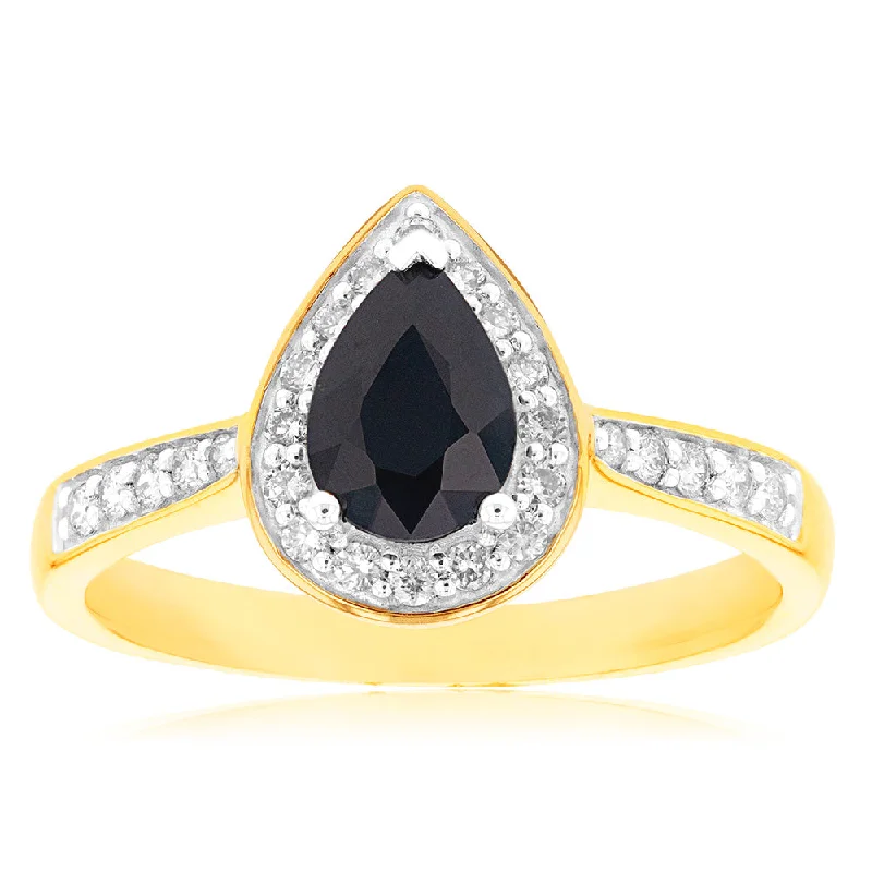 hammered silver wedding band 9ct Yellow Gold 7x5mm Natural Sapphire and Diamond Pear Halo Ring