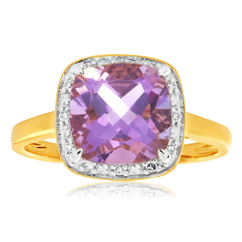 men’s leather and silver bracelet 9ct Yellow Gold 8mm Amethyst Diamond Ring