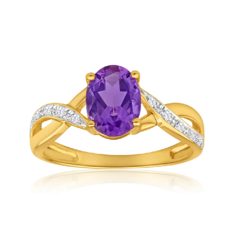 celestial moonstone ring gold 9ct Yellow Gold Amethyst + Diamond Cross Over Ring