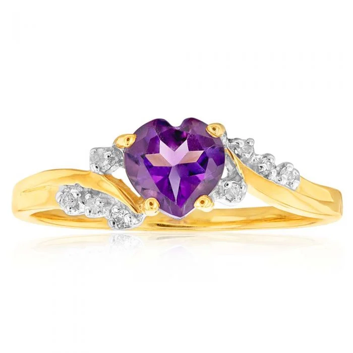 thin silver chain necklace 9ct Yellow Gold Amethyst Heart with 8 Diamond Ring