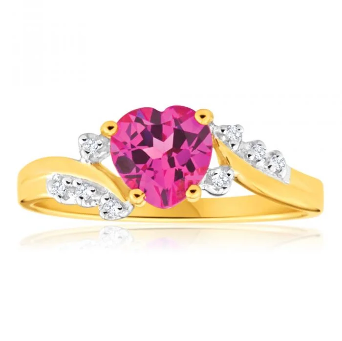 unique gemstone necklace handmade 9ct Yellow Gold Created Pink Sapphire Heart and  Diamond Ring