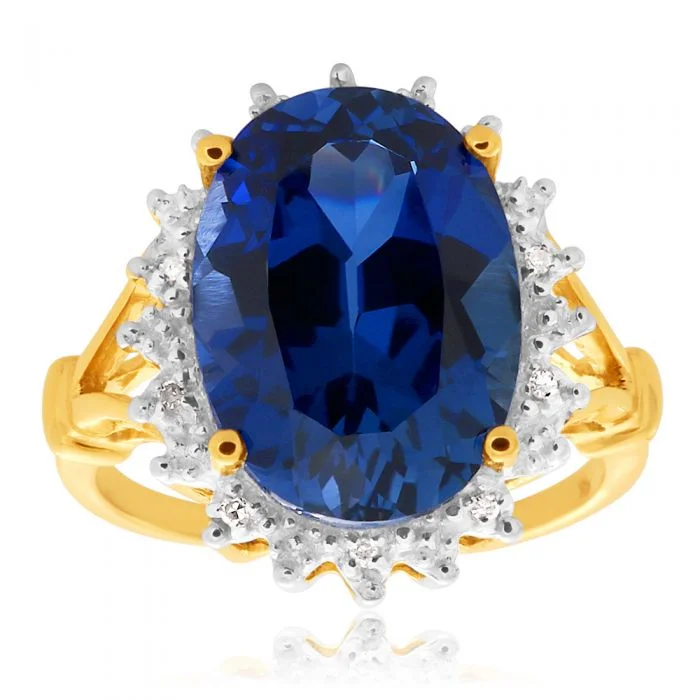 simple engraved wedding ring 9ct Yellow Gold Created Sapphire & Diamond Ring