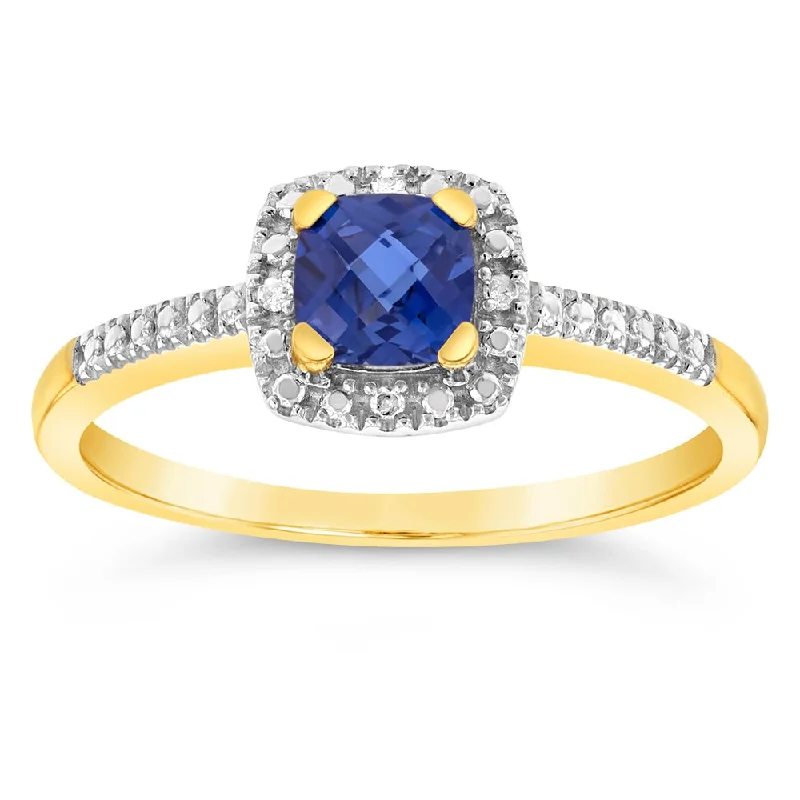 tiny opal stud earrings 9ct Yellow Gold Diamonds And Created Blue Sapphire Ring