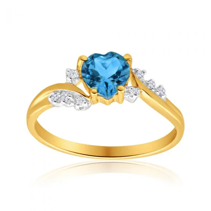 vintage emerald cocktail ring 9ct Yellow Gold Heart Blue Topaz + 8 Diamond Ring