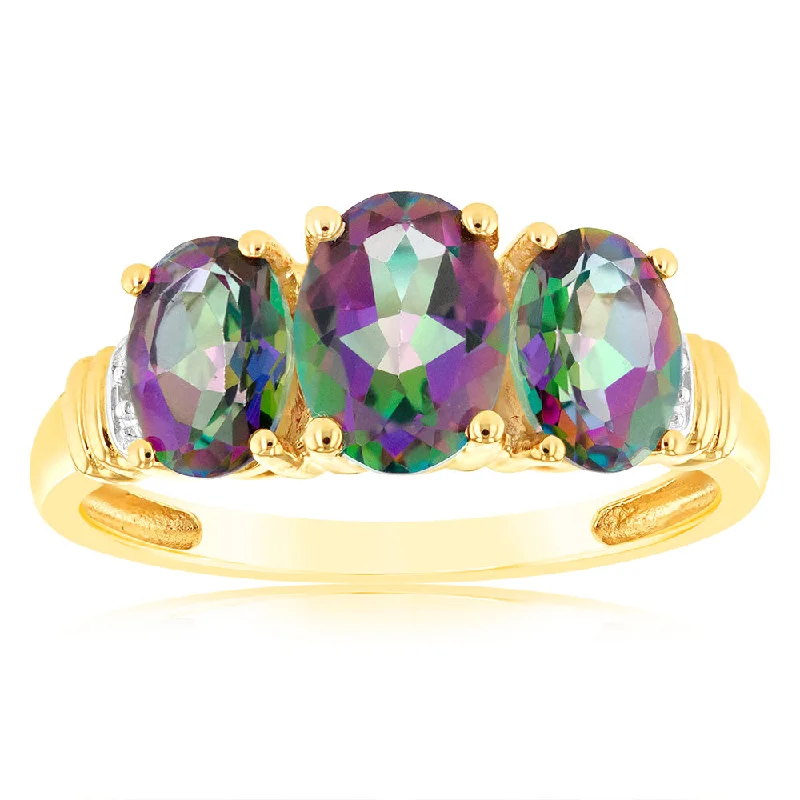 minimalist infinity ring 9ct Yellow Gold Oval Enhanced Mystic Topaz and Diamond Trilogy Ring