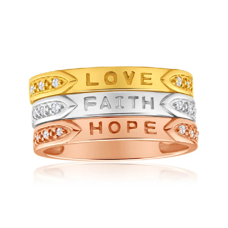 handcrafted filigree ring silver 9ct Yellow Gold, White Gold & Rose Gold Diamond 3 Ring Set