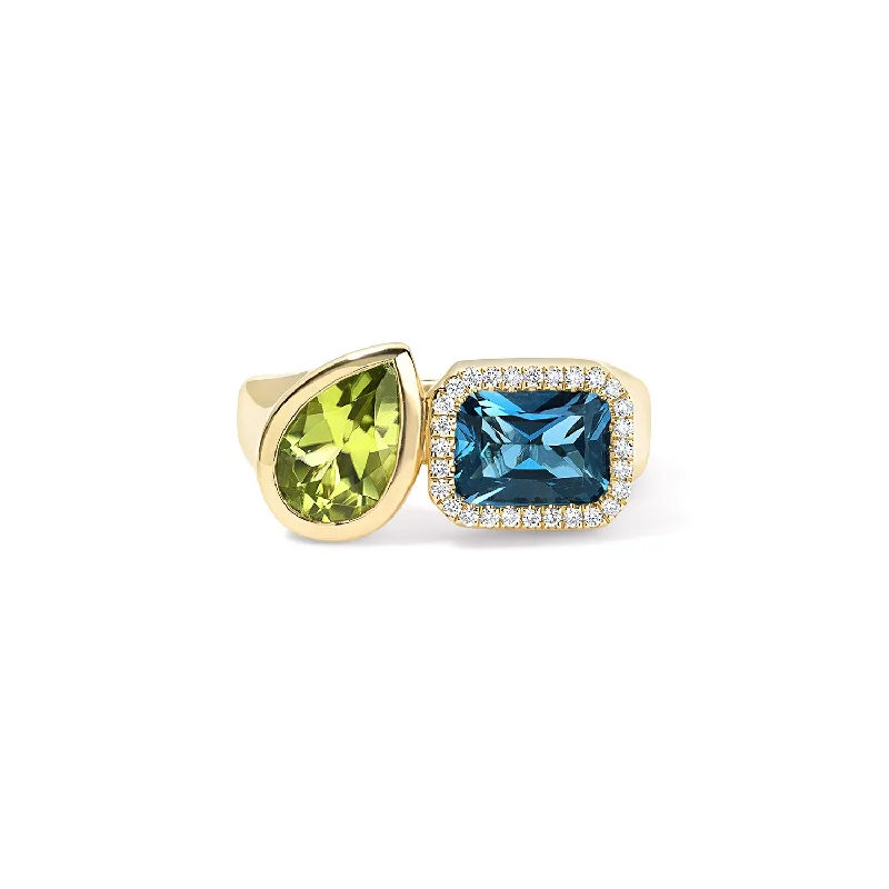 Blue Topaz and Peridot Toi Et Moi Ring with Diamond Halo