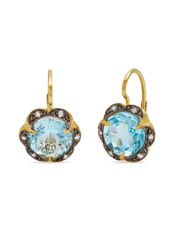 Blue Topaz Scalloped Frame Yellow Gold Earrings