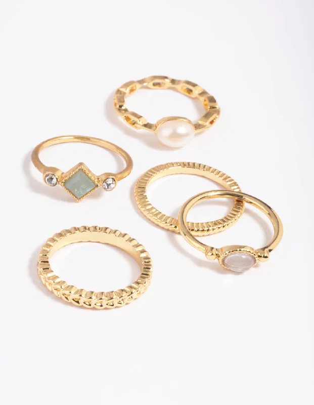 gothic black onyx ring men Gold Plated Pearl Pretty Ring Stack 5-Pack