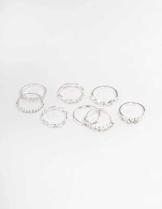 gold plated Cuban link chain Silver Diamante Row Mix Ring 8-Pack