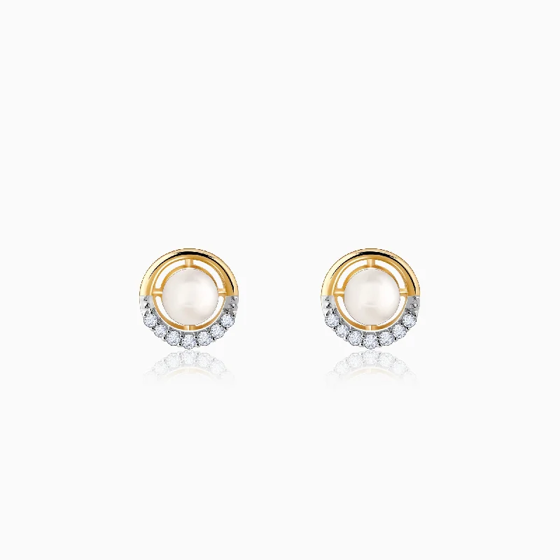 Gold Pearl Centred Diamond Earrings