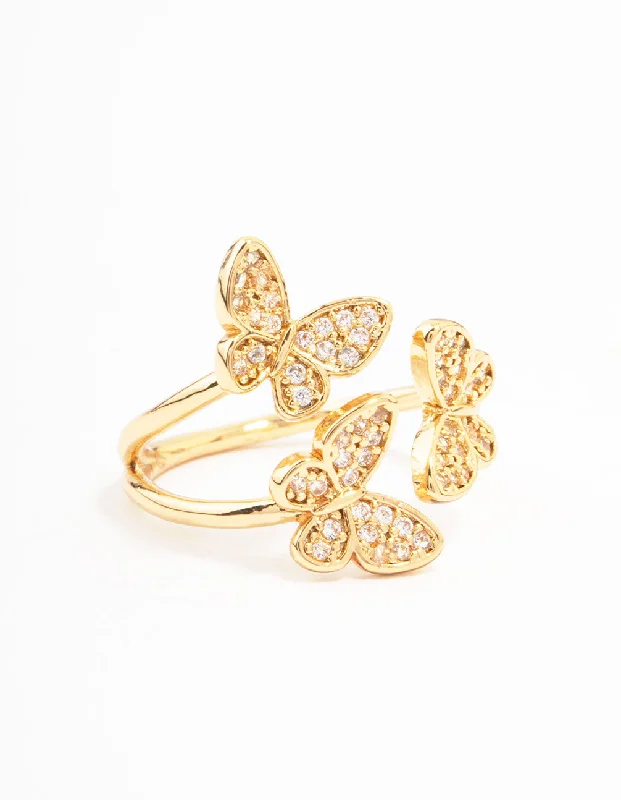 antique filigree wedding band Gold Plated Cubic Zirconia Butterfly Trio Ring