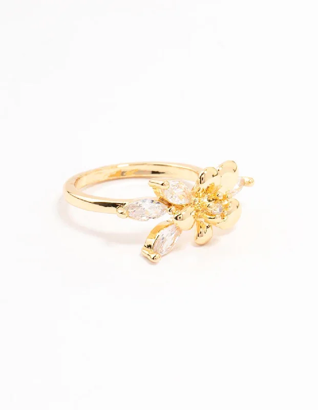 round cut diamond engagement ring Gold Plated Fine Flower Cubic Zirconia Ring
