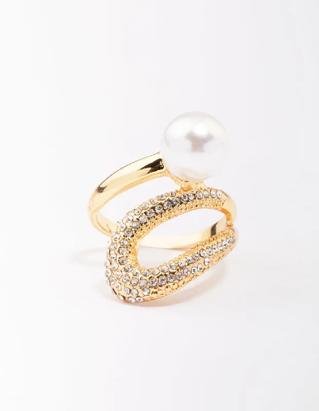 handmade wooden bead necklace Gold Plated Pave Pearl Cocktail Ring