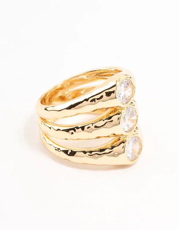 black pearl earrings classic Gold Plated Textured 3 Row Cubic Zirconia Ring