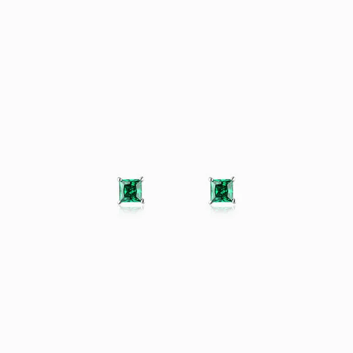 Silver Emerald Green Square Stud Earrings