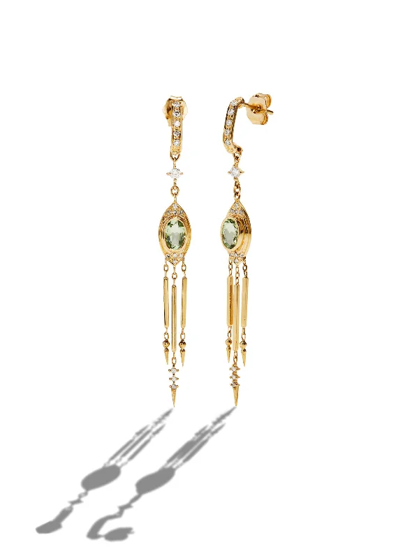 Green Tourmaline & Diamond Totem Yellow Gold Earrings