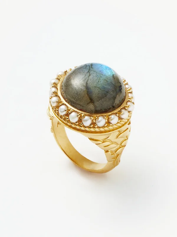 Harris Reed Labradorite Cocktail Ring | 18ct Gold Plated/Pearl & Labradorite