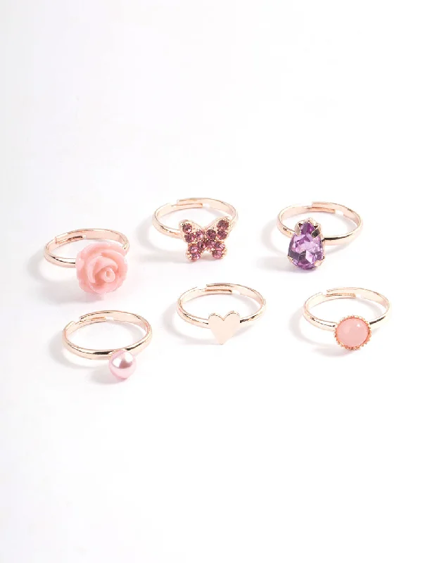 hammered sterling silver band Kids Rose Gold Heart Diamante Pear Ring 6-Pack