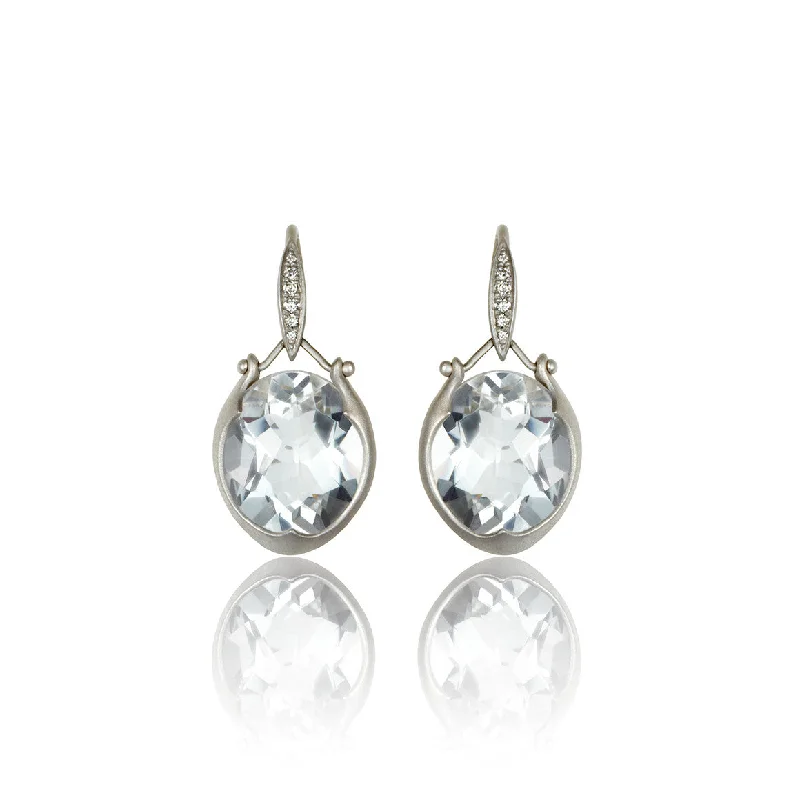 gold heart-shaped pendant necklace Lovebird Oval Drop Earrings with White Topaz in 18K White Gold