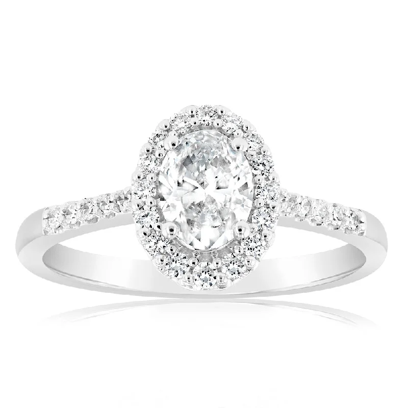 unique diamond tennis bracelet Luminesce Lab Grown 18ct White Gold 1 Carat Diamond Oval Halo Ring