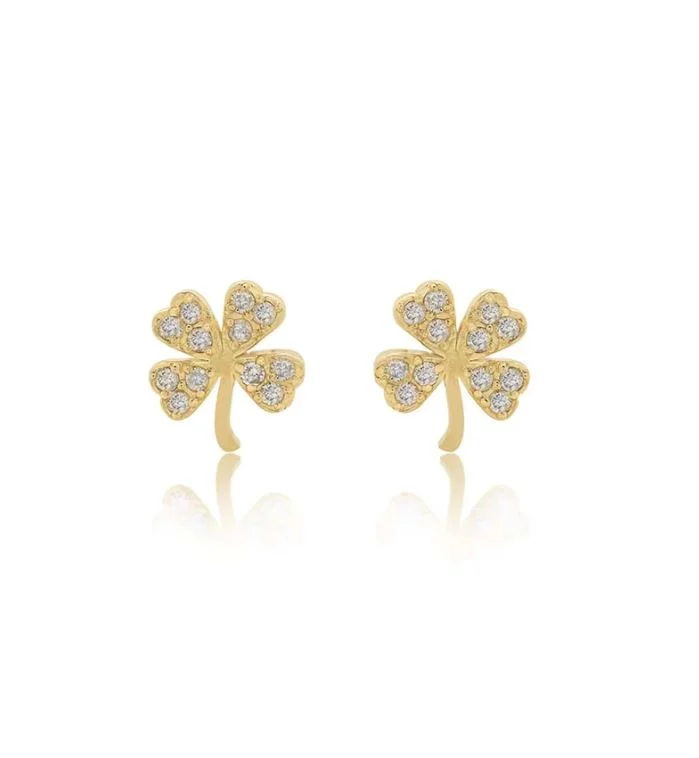 Mini Diamond Four-Leaf Clover Yellow Gold Stud Earrings