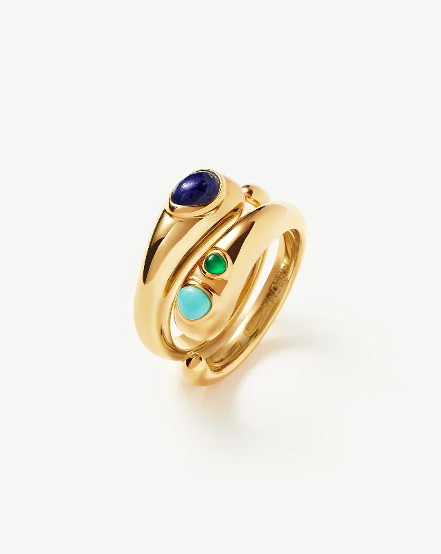 Molten Gemstone Double Stacking Ring Set | 18ct Gold Plated/Chalcedony & Turquoise & Lapis