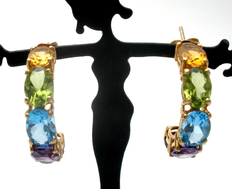 boho gold leaf ring Multi Gemstone Hoop Earrings 14K Gold