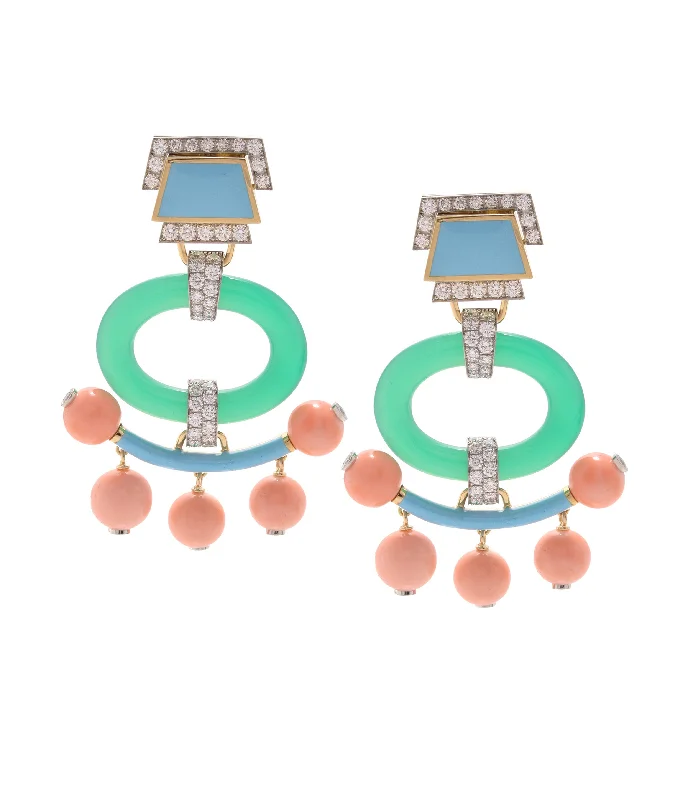 gold-plated snake chain bracelet Pagoda Earrings, Chrysoprase with Coral Beads