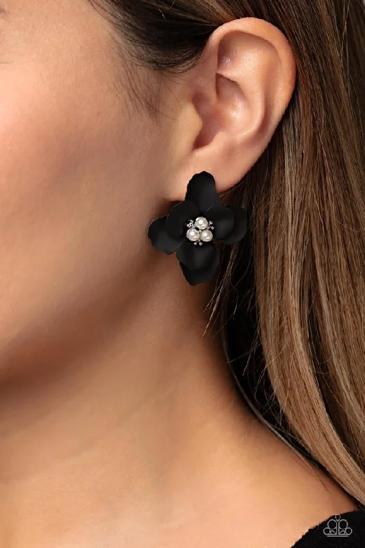 silver wave ring dainty Paparazzi Earring ~ Jovial Jasmine - Black
