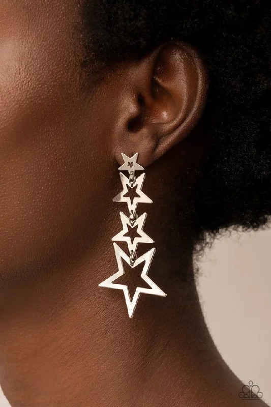 diamond halo stud earrings Paparazzi Earring ~ Superstar Crescendo - Silver